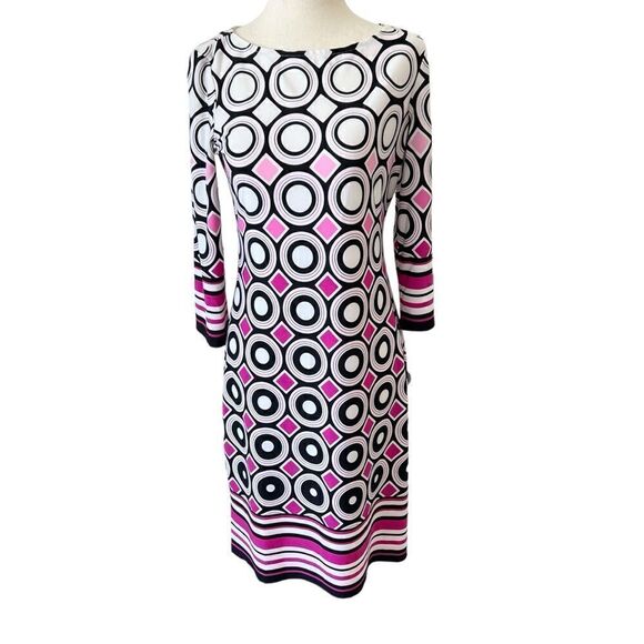 London Times Mod Retro Pink Black White Geo Print Stretchy Long Sleeve Dress - Picture 1 of 9